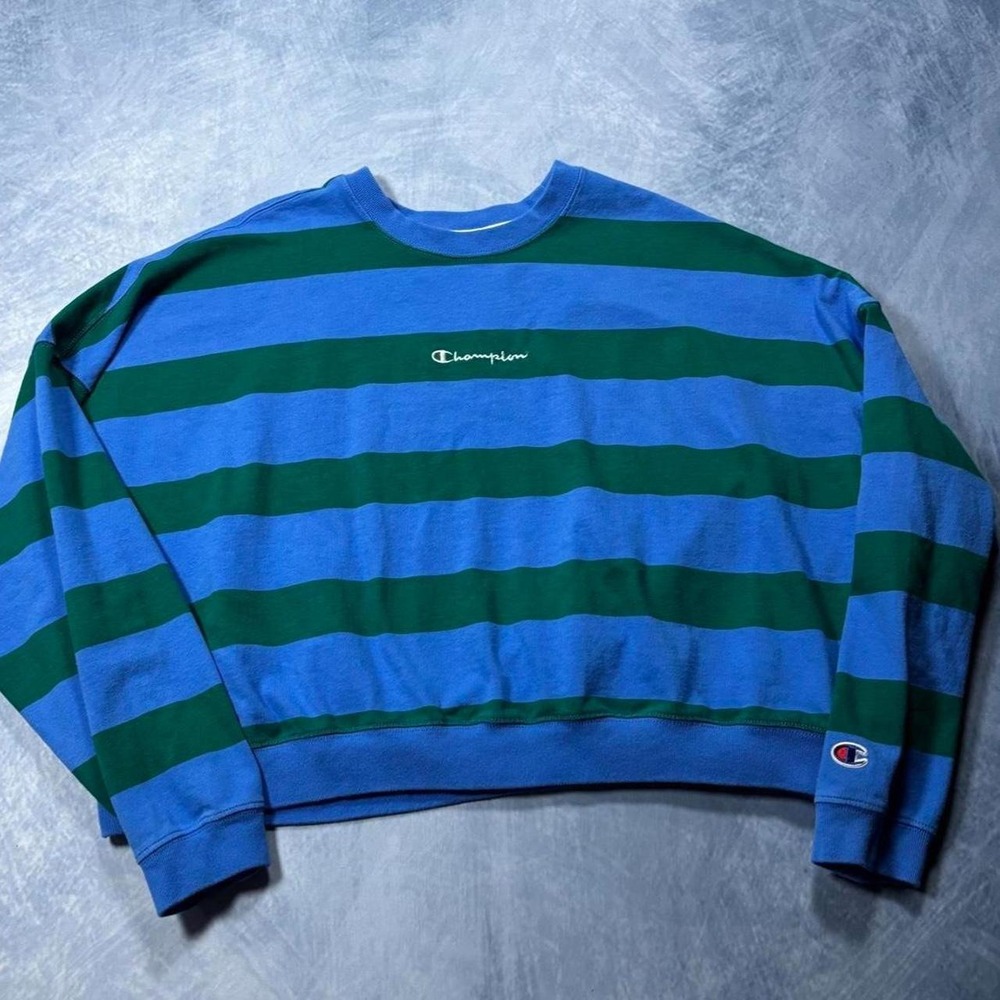 Champion cropped blue and green striped crewneck